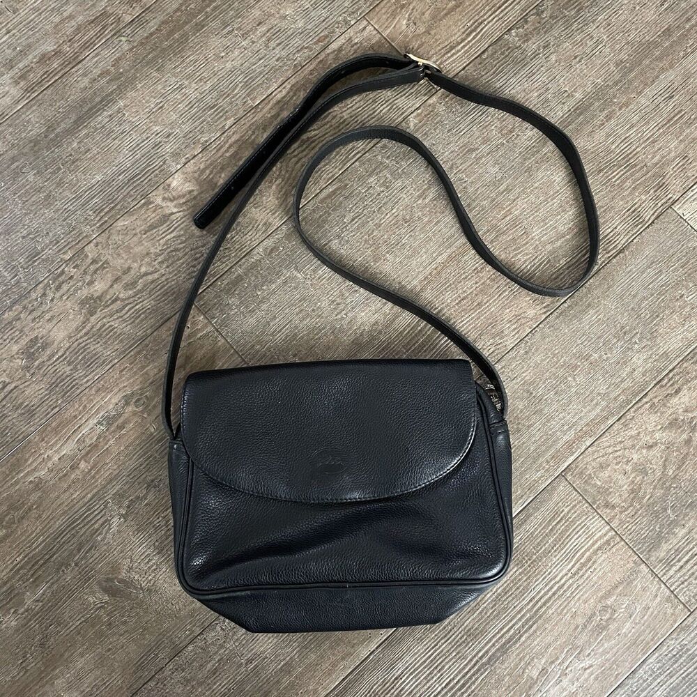 Vintage Longchamp Paris Black Pebble Leather Crossbody Handbag Made in France